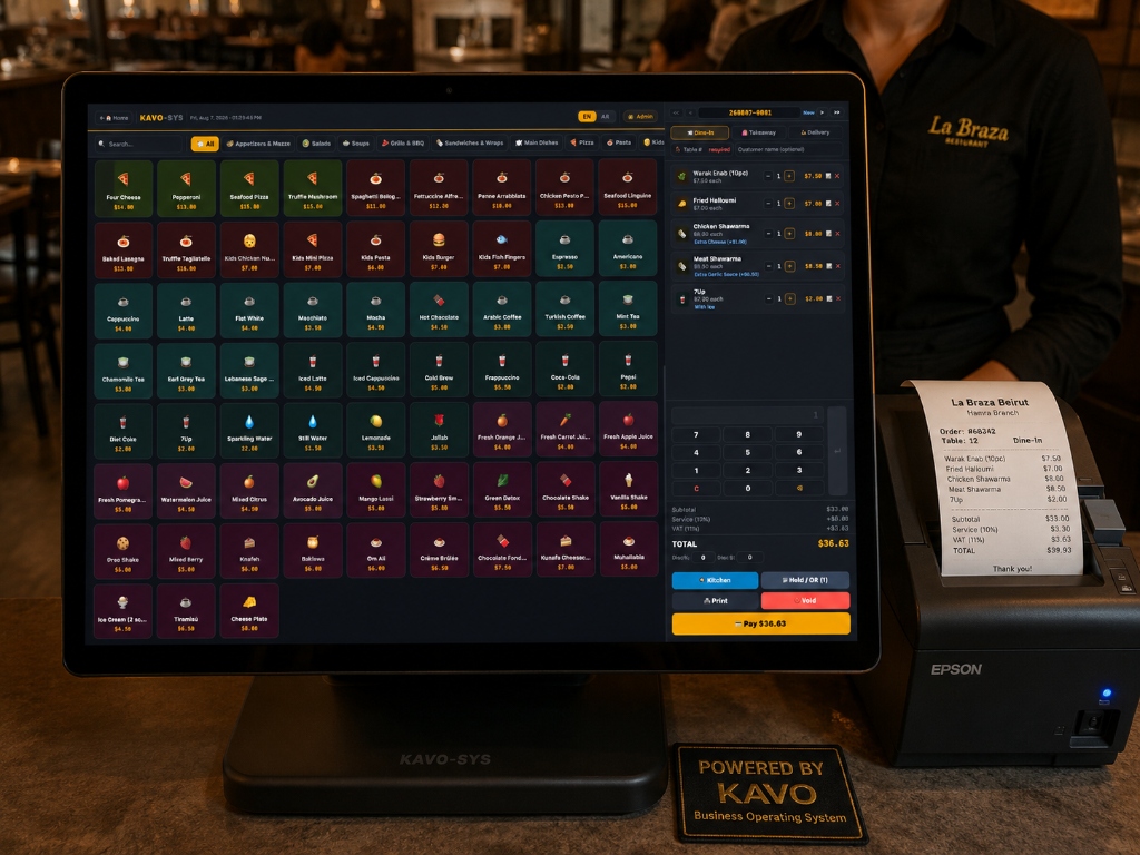 KAVO point of sale showing restaurant menu categories, products and order checkout